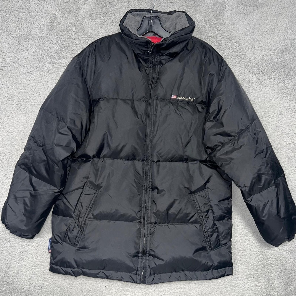 London Fog Puffer Down Coat Youth XL 18-20 Black Quilted Lining Full Zip Jacket
